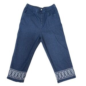 CW Classics Women's Large Blue Denim Pull-On Capri Pants with Rhinestone Cuffs